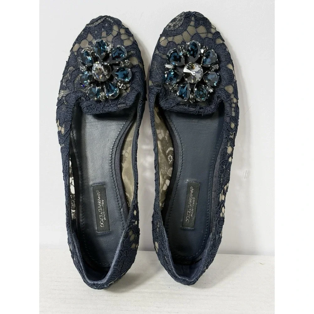Dolce & Gabbana Navy Lace Embellished Flats
